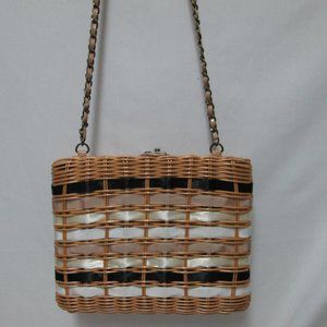 TopShop hard Wicker with Ribbon Chain strap turnlock shoulder bag purse Woven